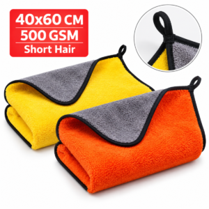 40x60 CM 500 GSM short hair microfiber cleaning cloth in Yellow/Gray and Orange/Gray dual colors with hanging loop