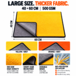 40x60 CM 500 GSM short-hair microfiber cloth showing yellow and orange colors with grey reverse side, black edging and 80% polyester 20% nylon composition