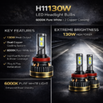 VOX H11 LED Headlight Bulb 130W – Low Beam / Fog Light – 6000K – 2 Copper Cooling (Set of 2) - Image 3