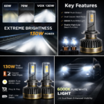 VOX H4 LED Headlight Bulb 130W – Dual Beam High/Low – 6000K – High Power (Set of 2) - Image 2