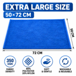 50x72 CM 350 GSM microfiber cleaning cloth showing dimensions, 80% polyester 20% nylon composition, soft texture and washable features