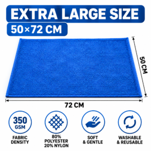 50x72 CM 350 GSM microfiber cleaning cloth showing dimensions, 80% polyester 20% nylon composition, soft texture and washable features